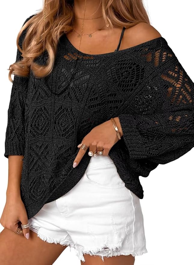 Dokotoo Crochet Hollow Out Off-Shoulder Pullover